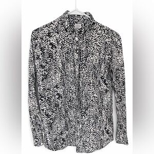 J. Crew Perfect Shirt Ruffle Blouse Button Up Black Grey Abstract Print Sz 8